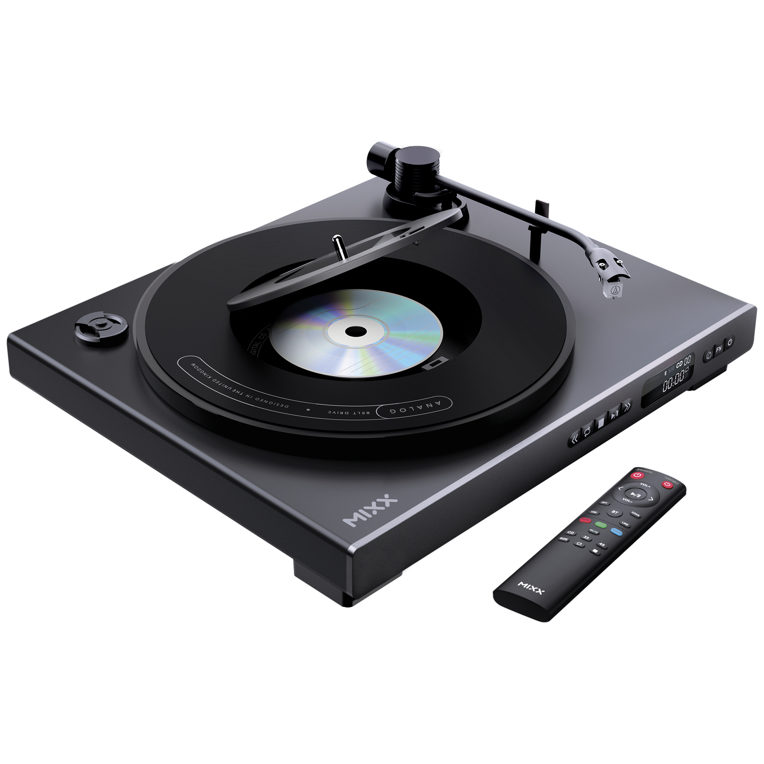 Zwarte platenspeler met afstandsbediening en CD.