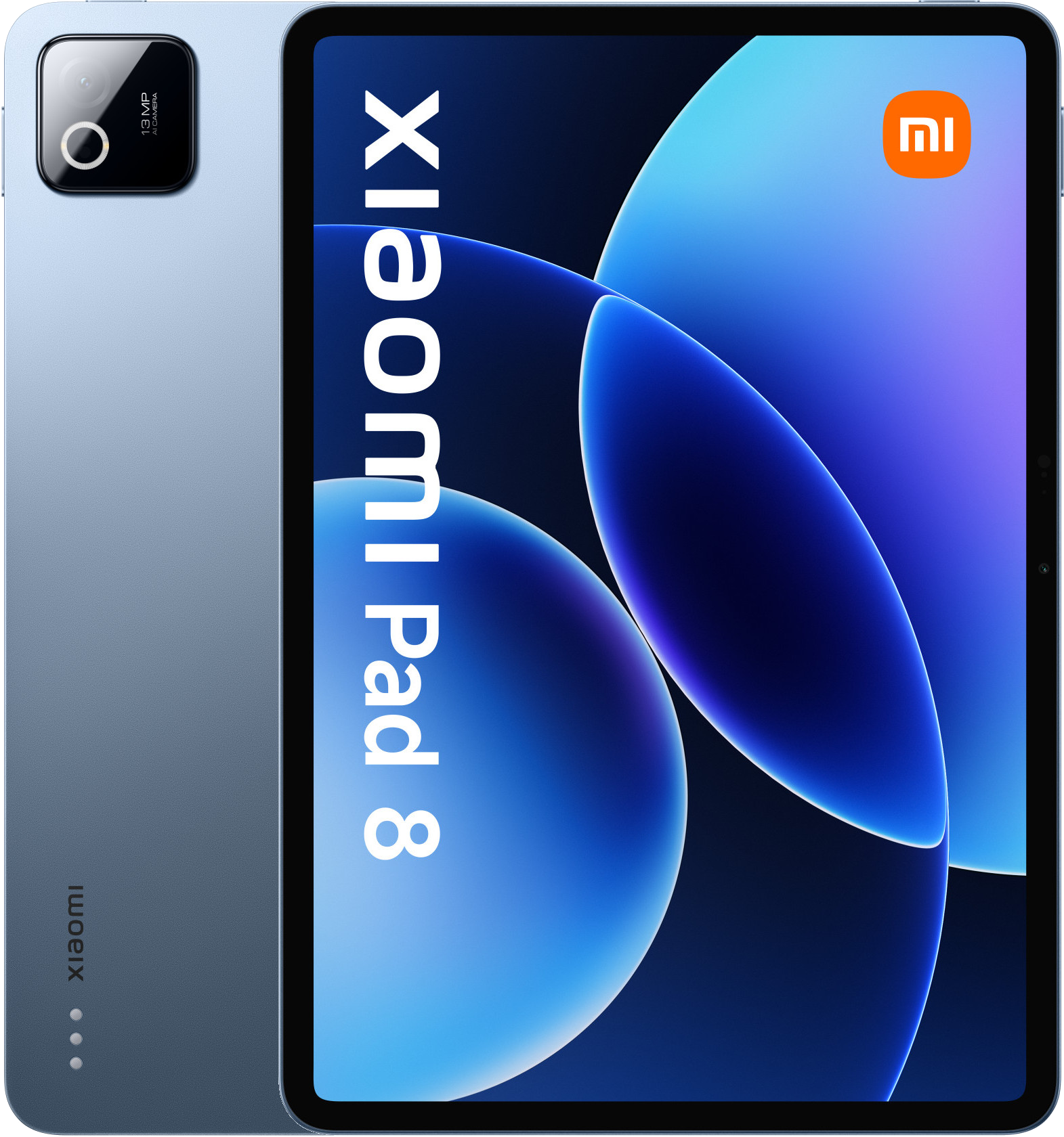 Szaroniebieski Xiaomi Pad 8 z tylnym aparatem i abstrakcyjnym niebieskim tłem.