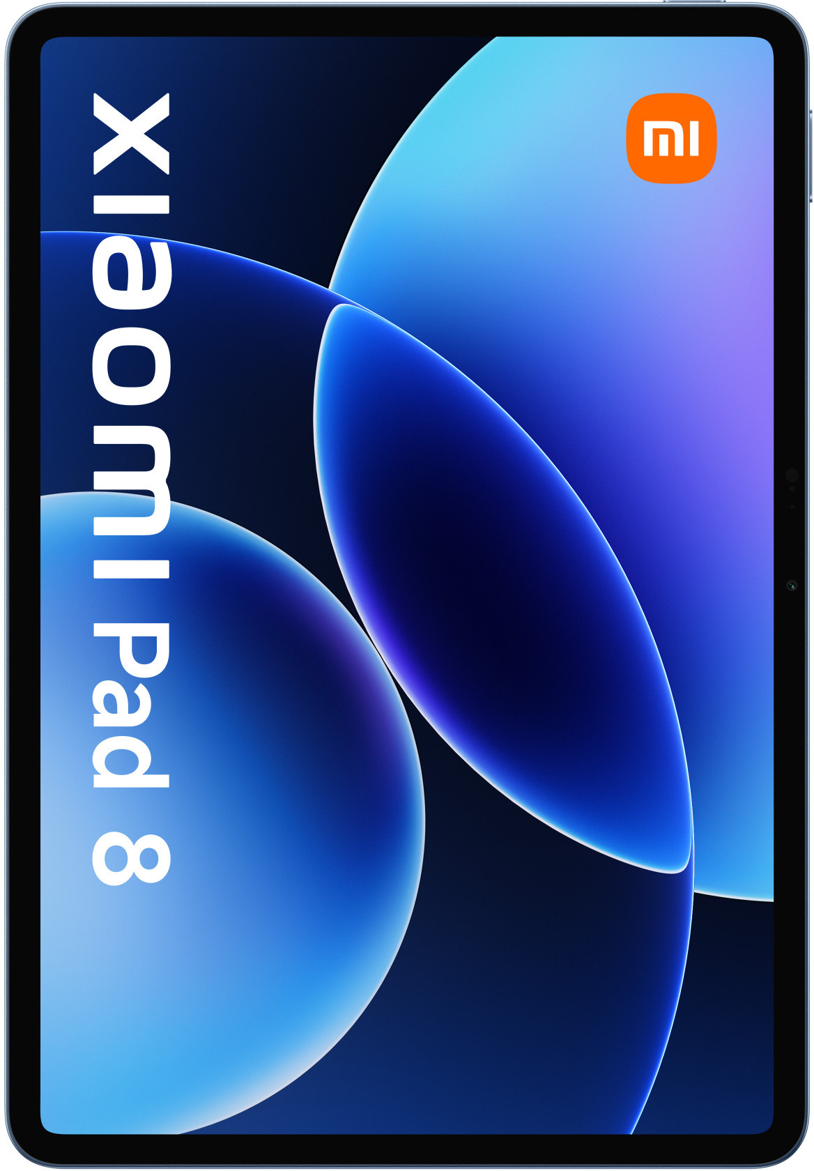 Tablet Xiaomi Pad 8 z niebieskimi abstrakcyjnymi kształtami i logo Mi.