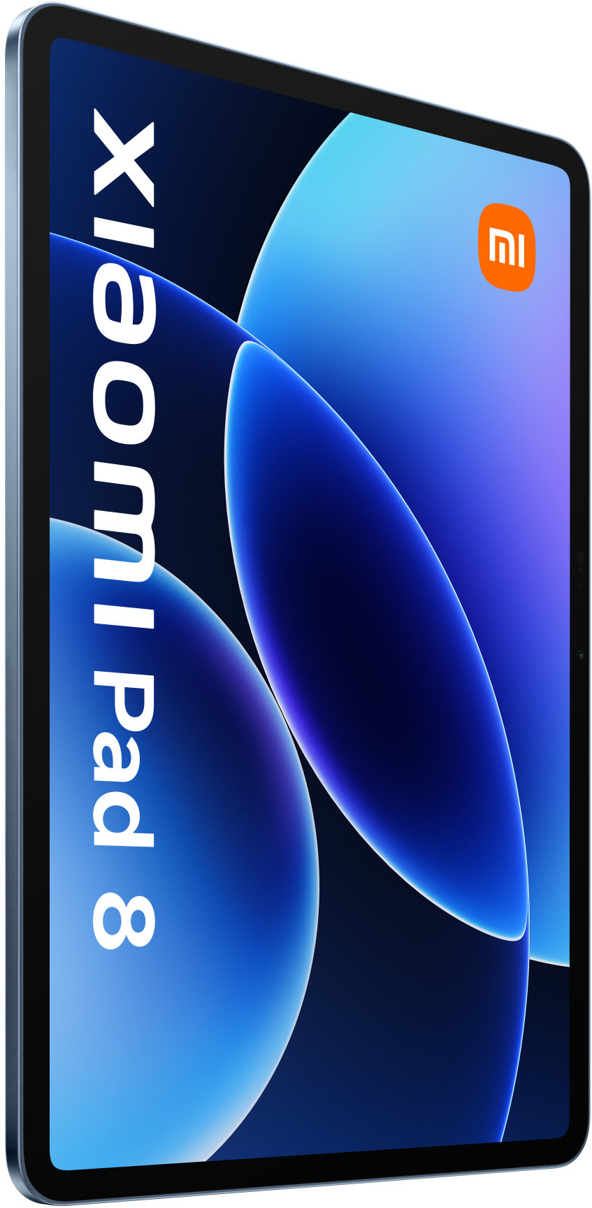 Niebieski tablet Xiaomi Pad 8 z abstrakcyjnym niebieskim tłem.
