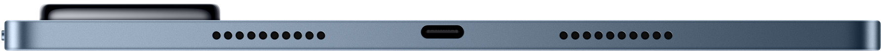 Zbliżenie na dolną krawędź niebieskiego tabletu z portem USB-C i maskownicami głośników.