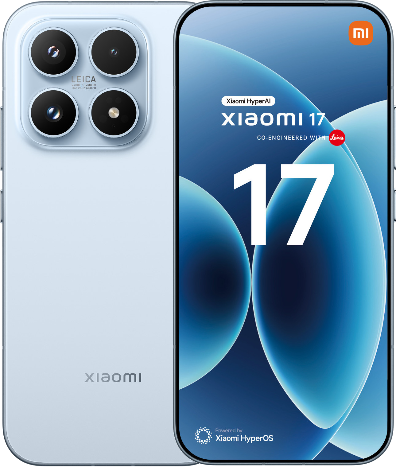 Jasnoniebieski smartfon Xiaomi 17 z poczwórnym aparatem Leica.