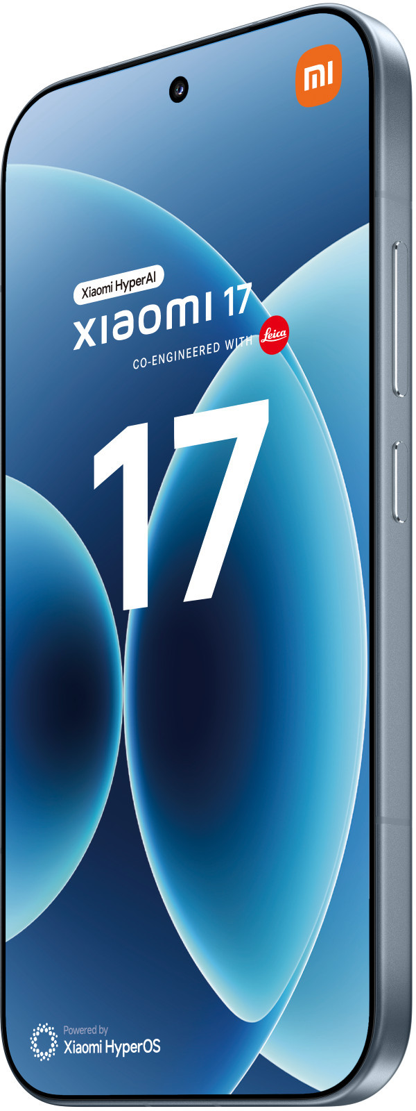 Telefon Xiaomi 17 z logo Leica, dużą cyfrą '17' i niebieskim abstrakcyjnym tłem.