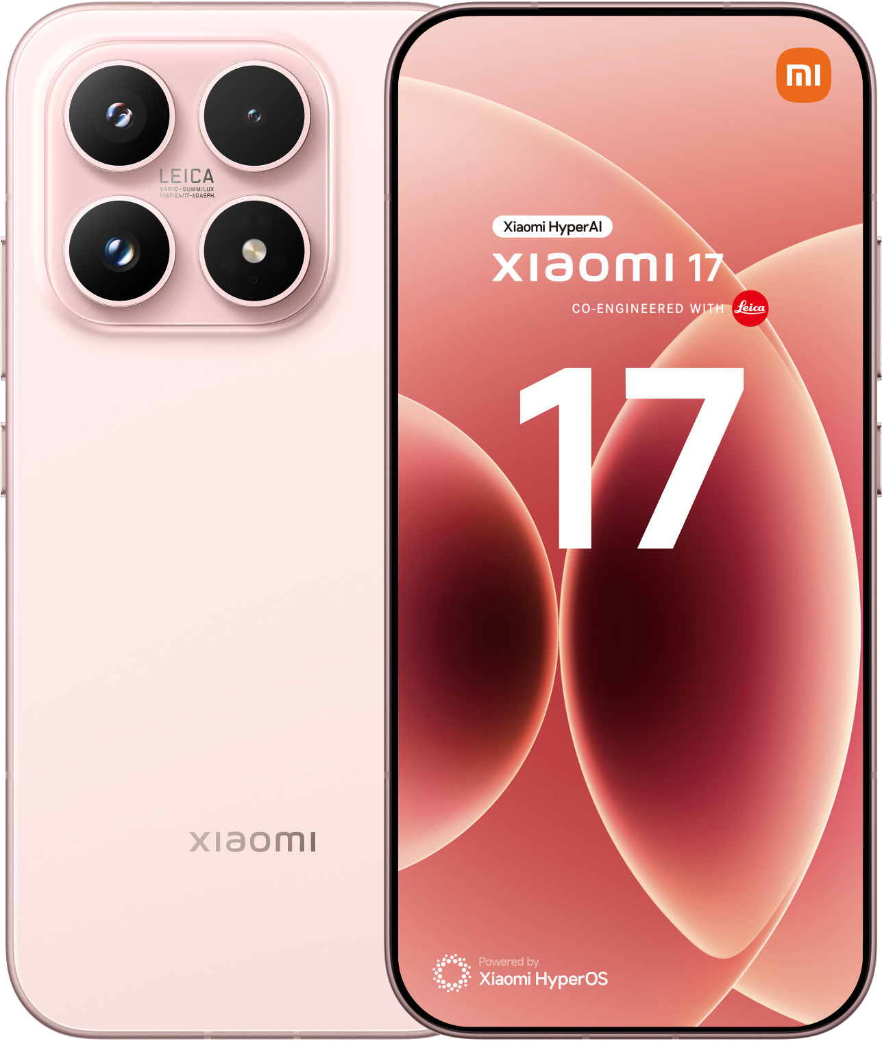 Różowy telefon Xiaomi 17 z systemem aparatu Leica i ekranem.