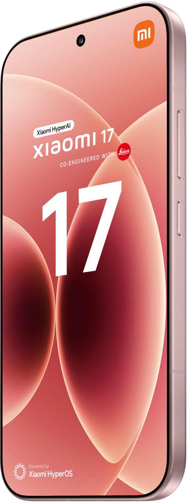 Różowo-złoty smartfon Xiaomi 17 z logo Leica i cyfrą 17.