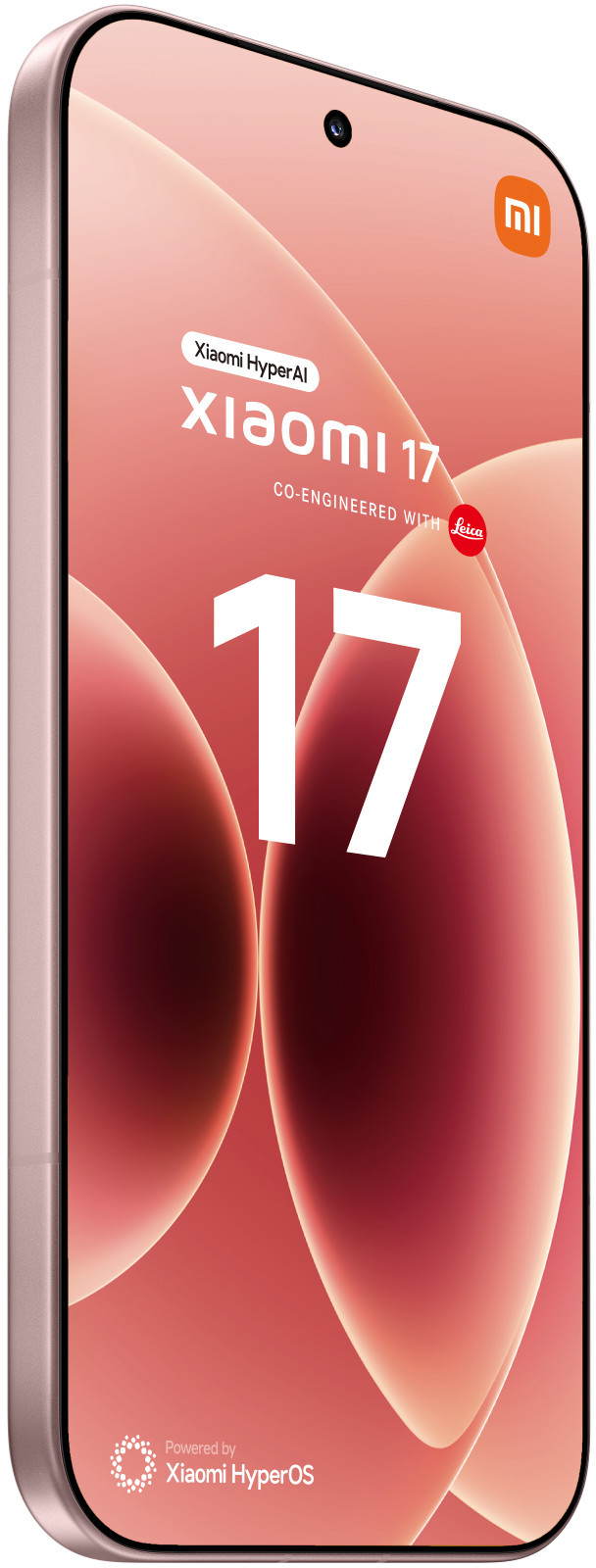 Różowy smartfon Xiaomi 17 z dużą cyfrą 17 na ekranie.