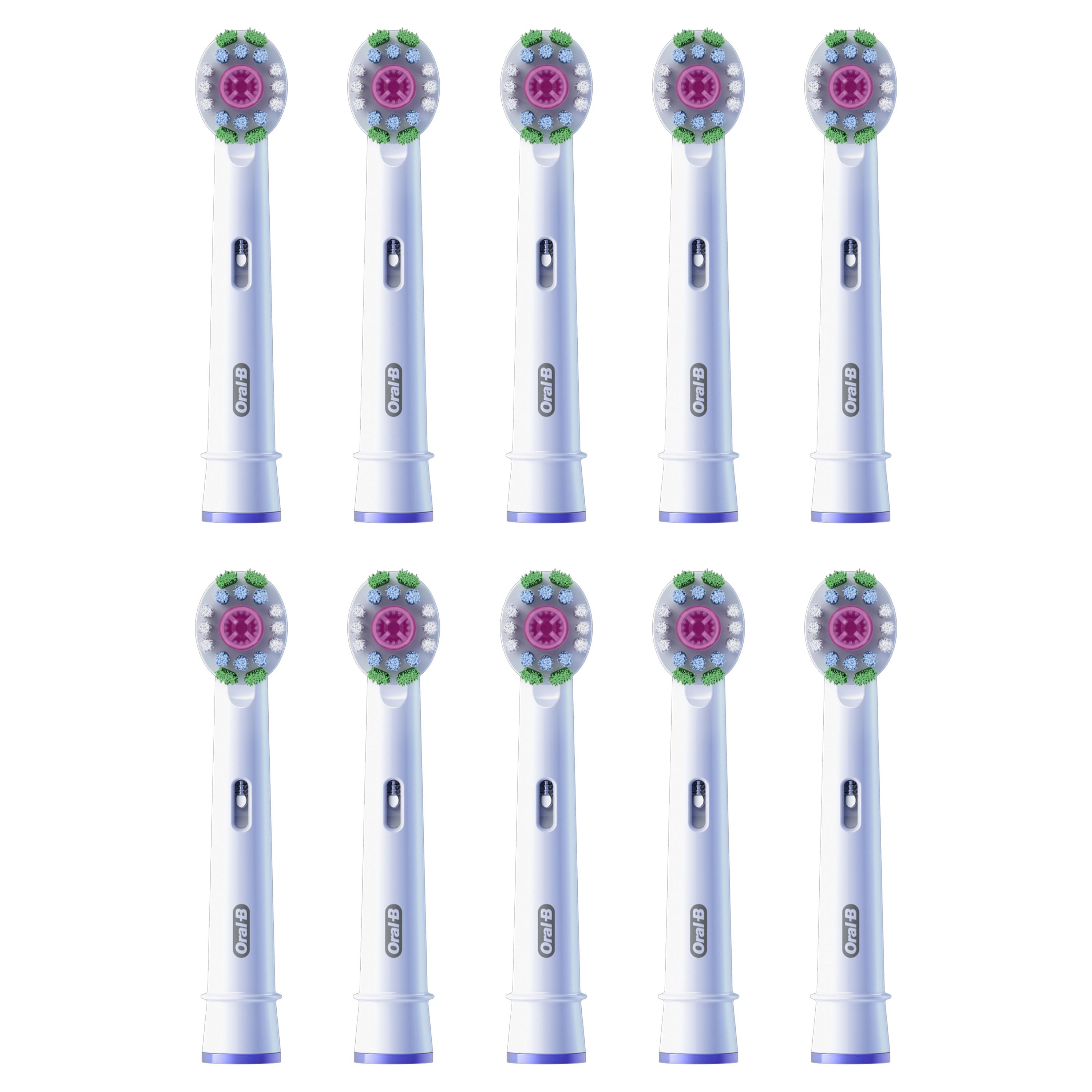 Zehn weiße Oral-B Aufsteckbürsten mit blauen, grünen und rosa Borsten.
