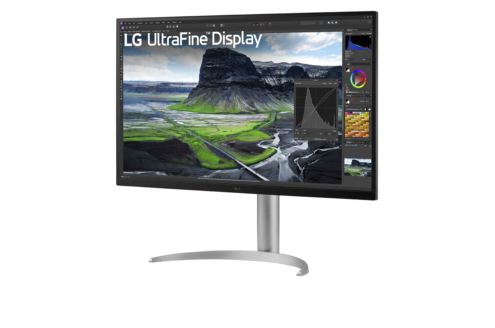 Monitor LG UltraFine wyświetla krajobraz z grafikami. Monitor ma srebrną podstawę.