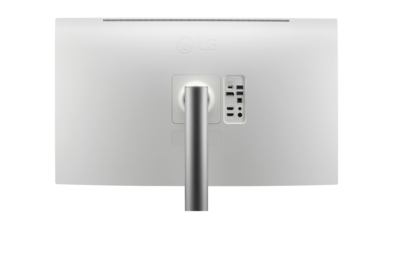 Tył białego monitora LG ze srebrnym stojakiem i portami.