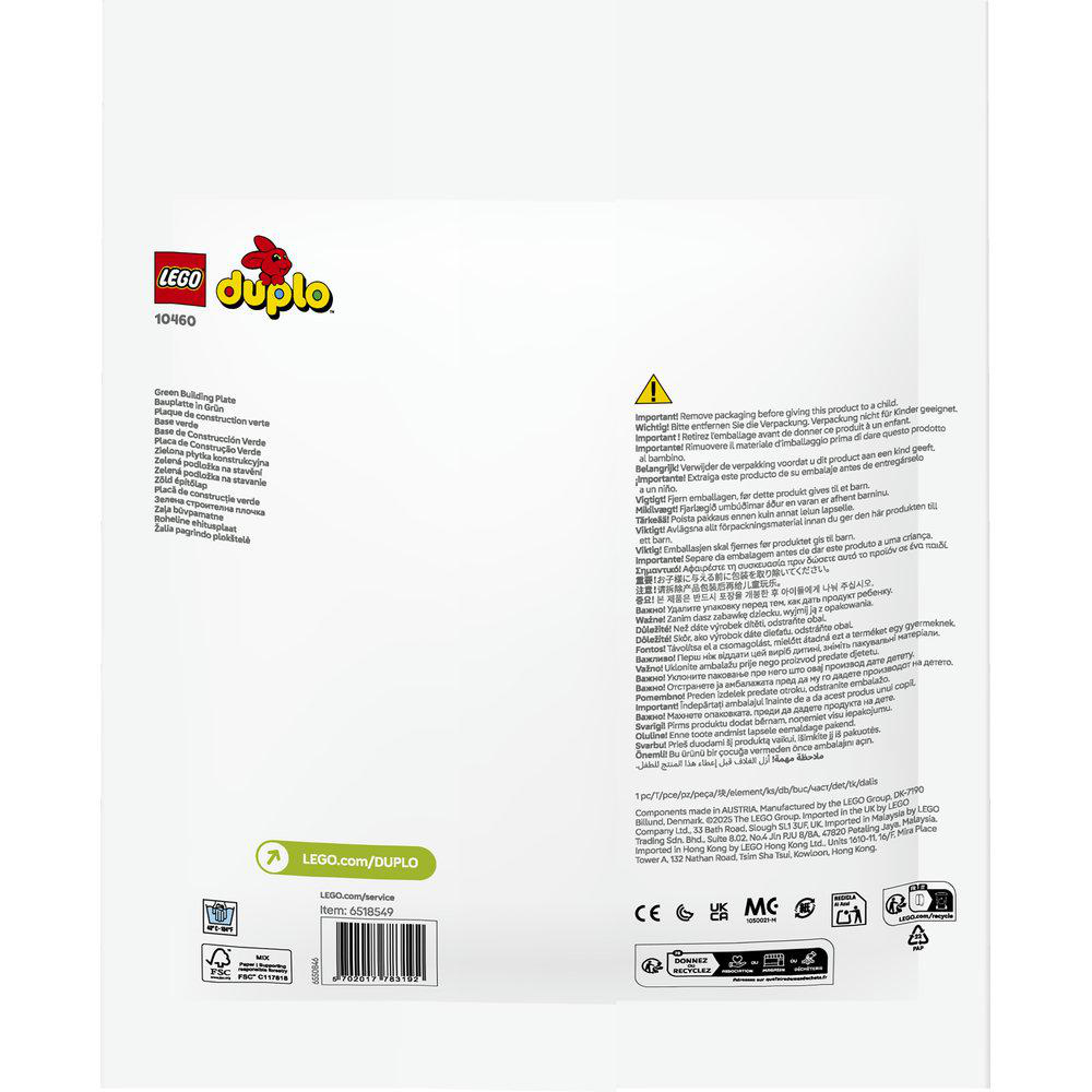 Grüne Bauplatte von Lego Duplo mit Produktinformationen und Warnhinweisen.