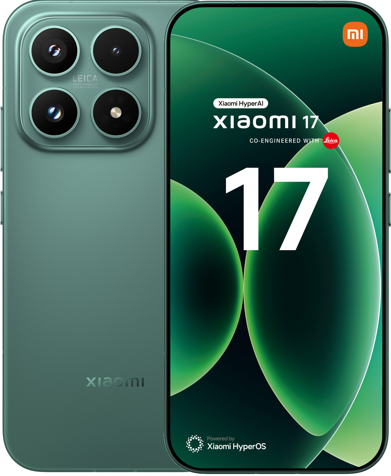 Zielony smartfon Xiaomi 17 z aparatem Leica i zielonymi falami.