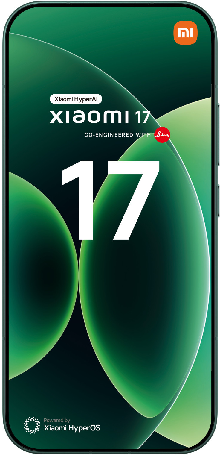 Telefon Xiaomi 17 z zielonym abstrakcyjnym wzorem, logo Xiaomi HyperAI.