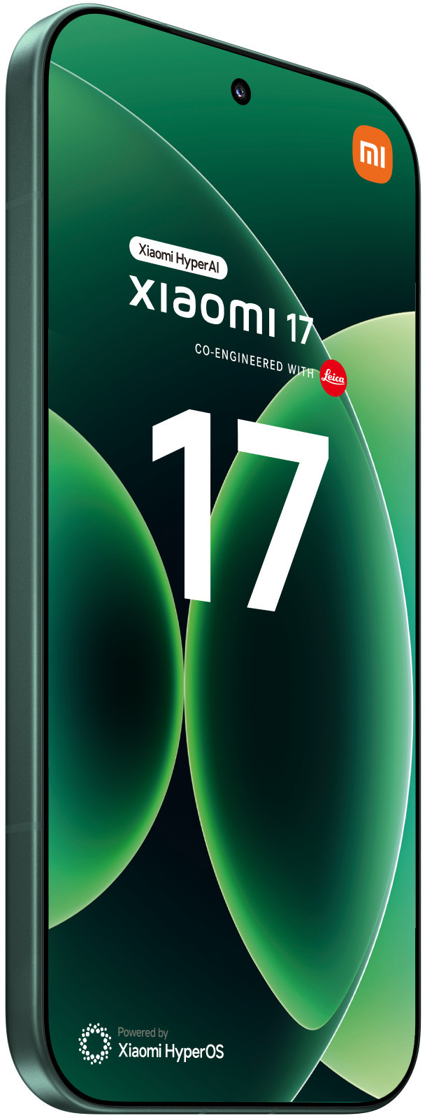 Zielony smartfon Xiaomi 17 z logo Leica i dużą cyfrą 17.