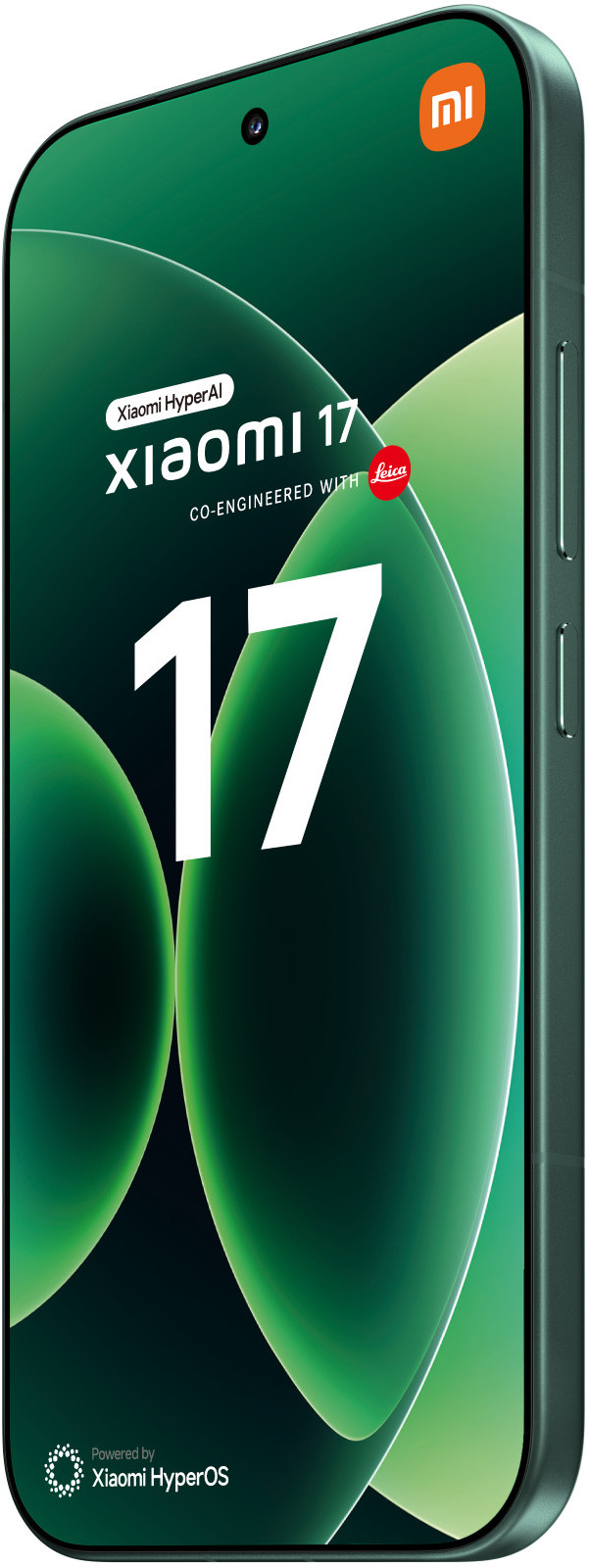 Ciemnozielony telefon Xiaomi 17 z logo Leica i liczbą 17.