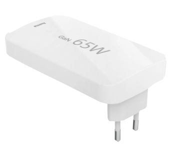 Biały zasilacz GaN 65W z dwoma pinami. Logo Hama na górze.