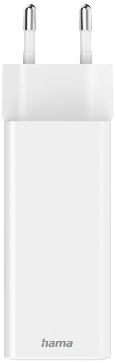 Biała wtyczka Hama z dwoma srebrnymi bolcami.