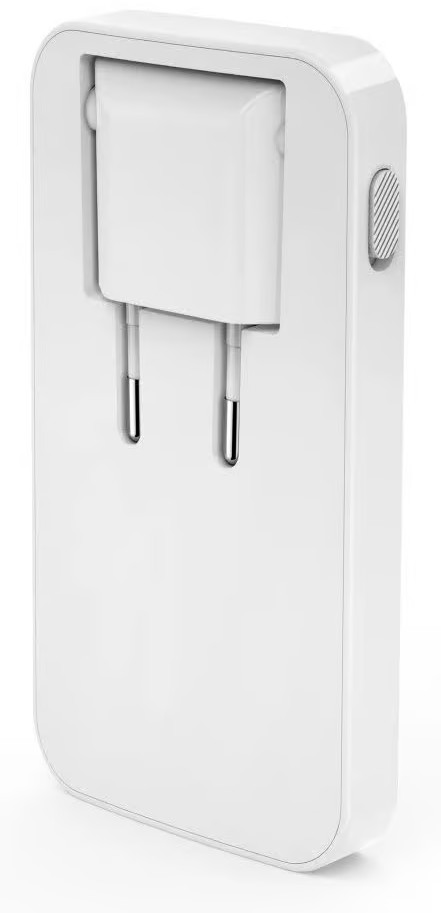 Biały adapter podróżny z rozkładanymi bolcami i bocznym przyciskiem.