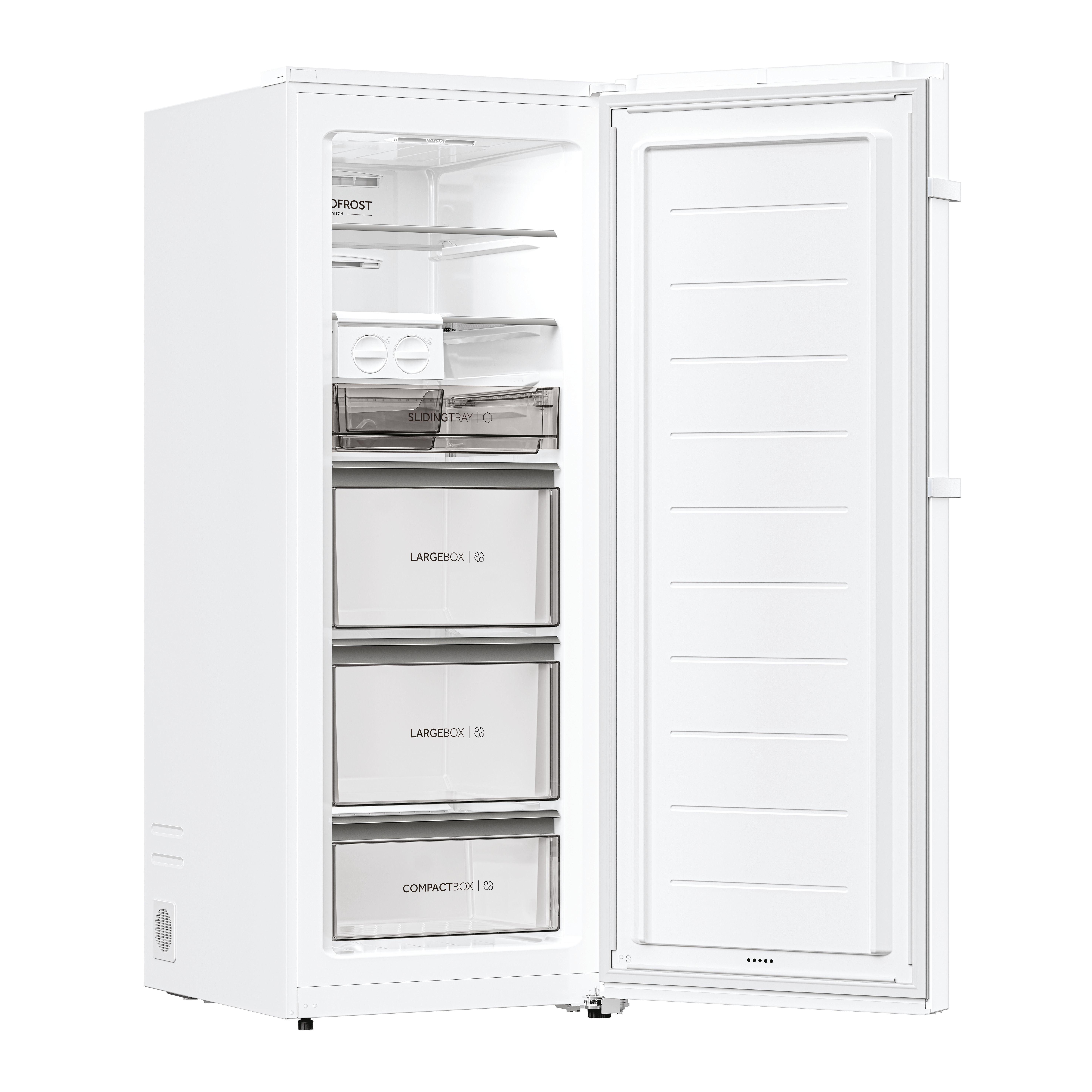Ein weißer Gefrierschrank mit geöffneter Tür, Innenraum mit Schubladen und Regalen.