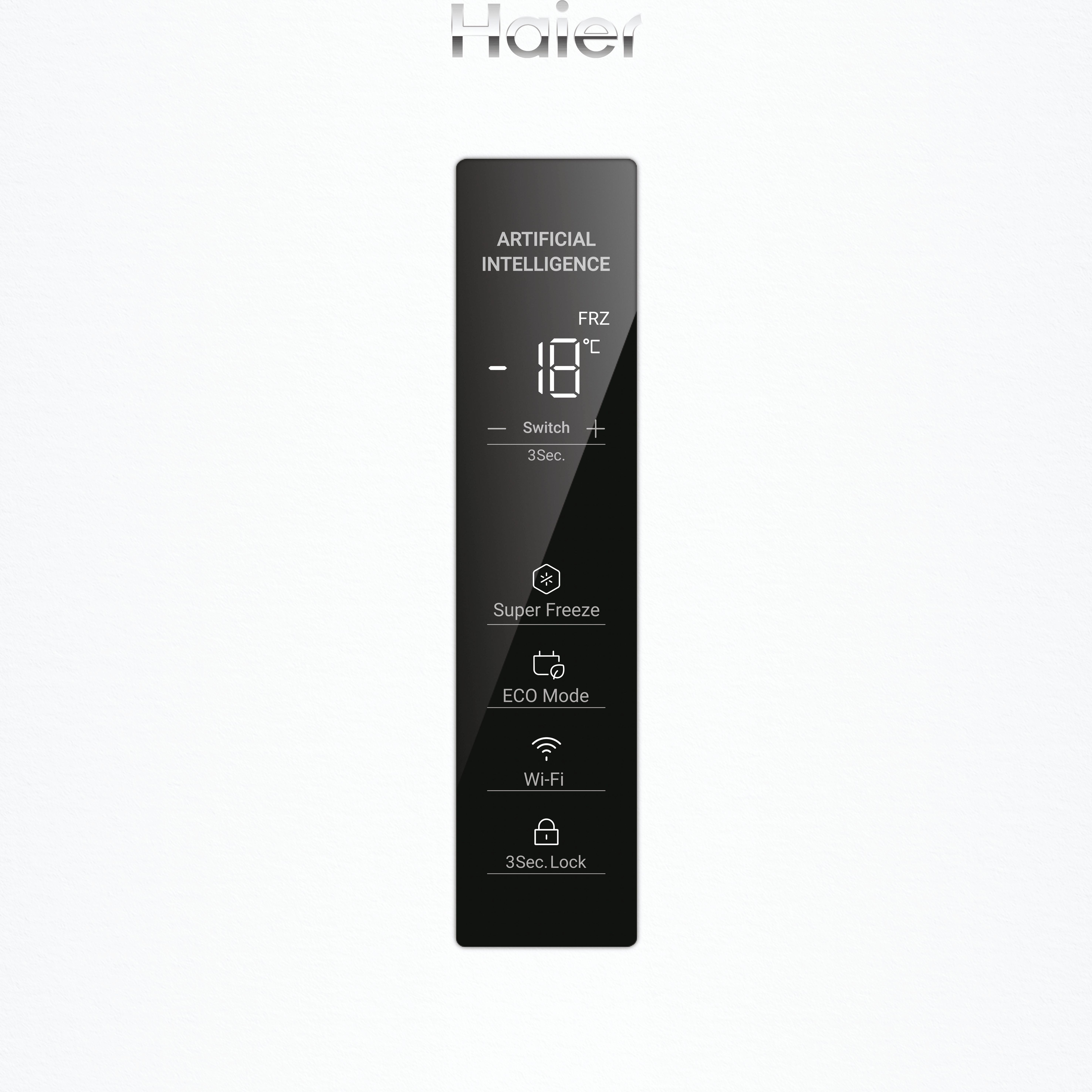 Haier-Kühlerdisplay: -18°C, Super Freeze, ECO, Wi-Fi, Sperre.