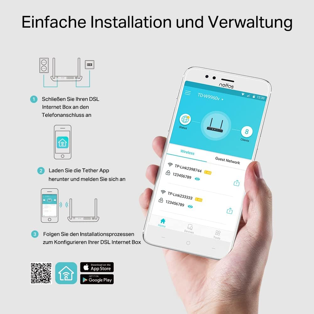 Anleitung zur Installation und Verwaltung einer DSL-Box mit Tether App auf einem Smartphone.