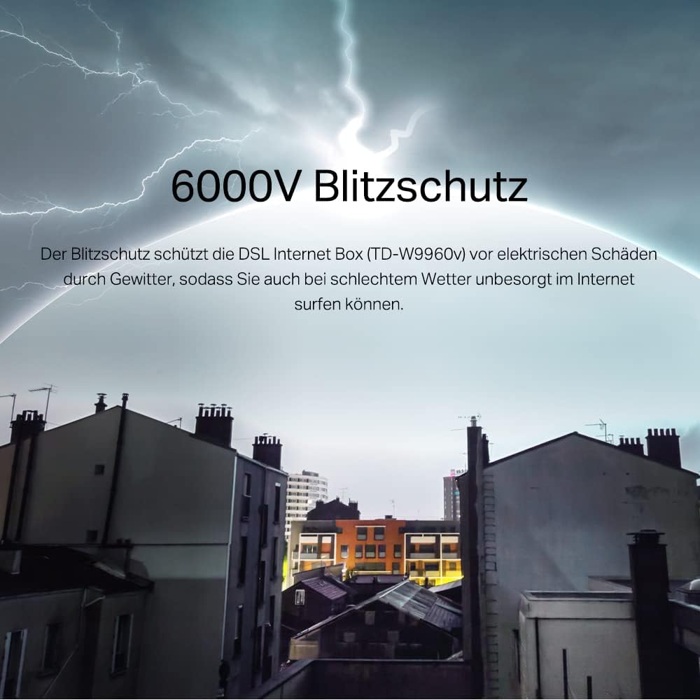 6000V Blitzschutz schützt DSL Box vor Gewitter. Häuser und Blitze im Hintergrund.