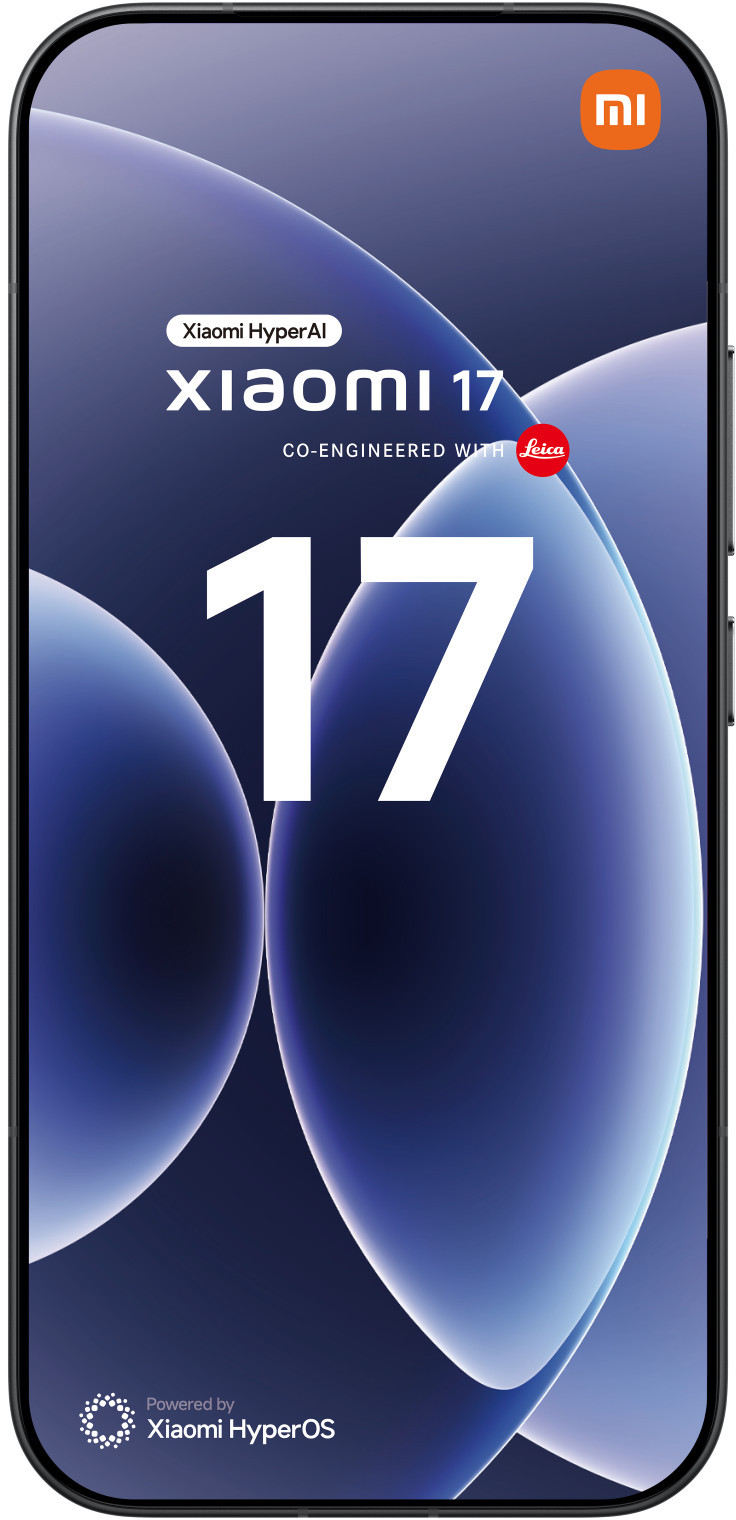 Smartfon Xiaomi 17 z logo Leica, abstrakcyjne niebieskie tło.