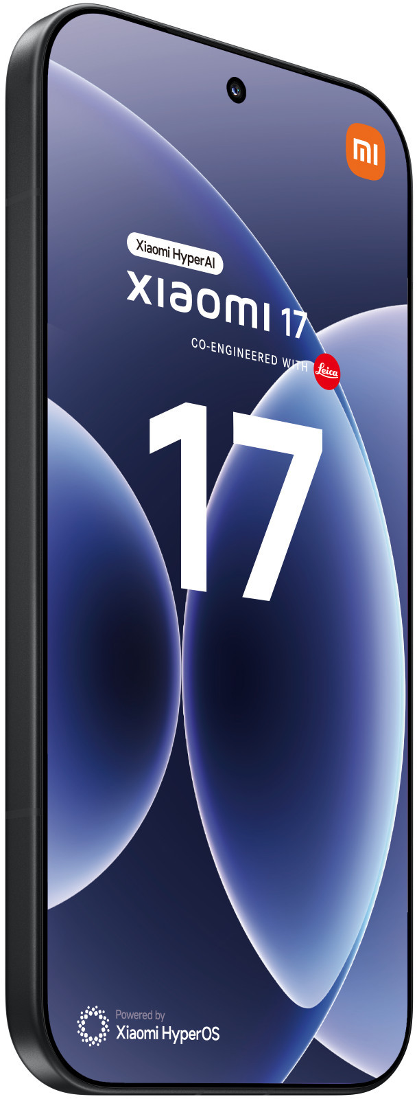 Czarny smartfon Xiaomi 17 z niebieskim tłem i cyfrą 17.