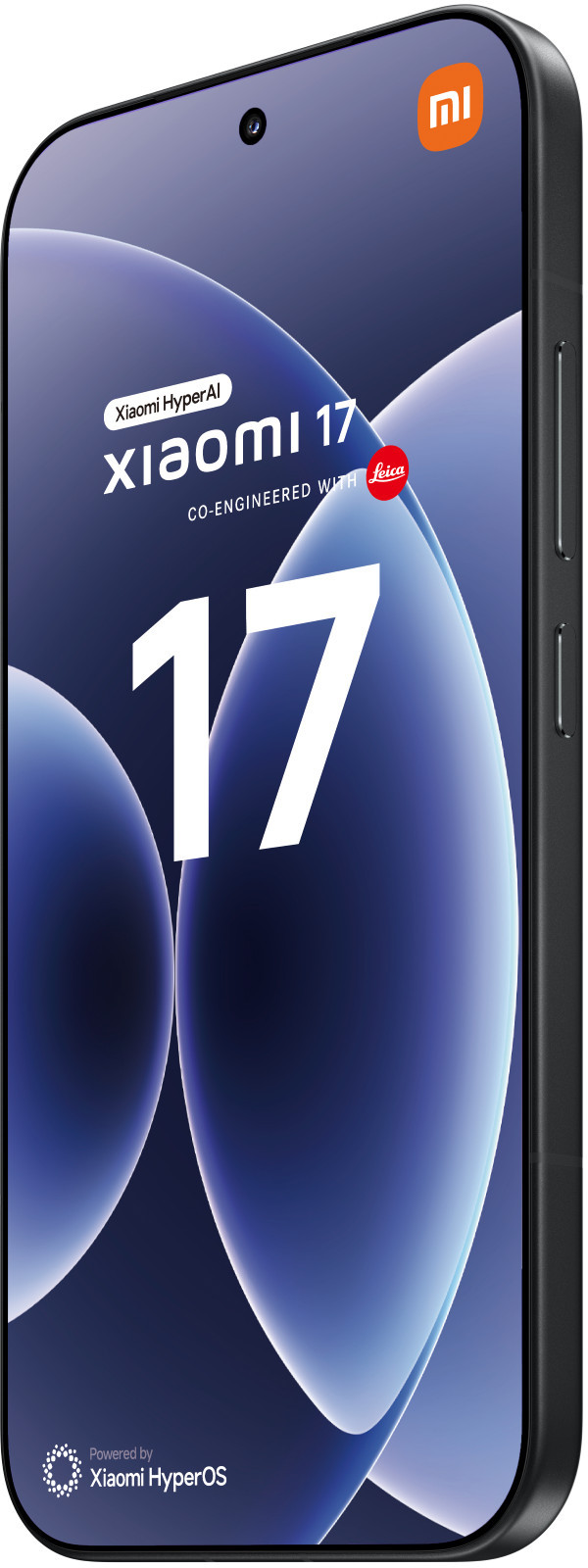 Smartfon Xiaomi 17 z logo Leica i cyfrą '17' na ciemnoniebieskim tle.