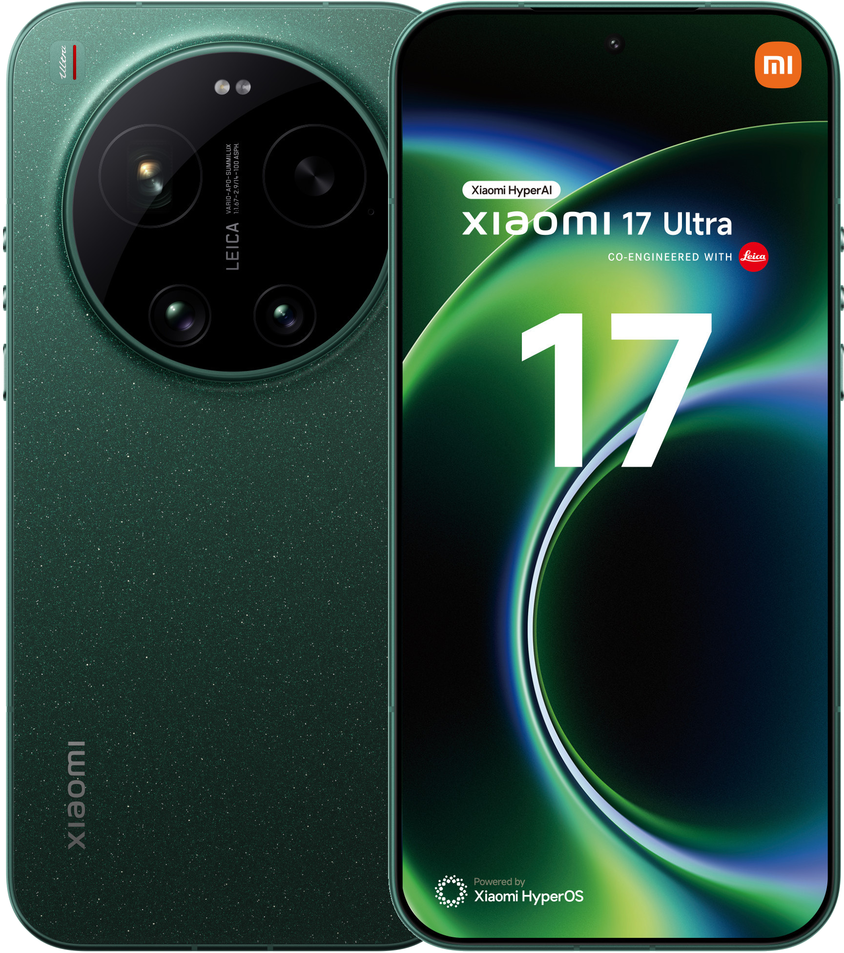 Zielony telefon Xiaomi 17 Ultra z aparatem Leica i cyfrą 17 na ekranie.
