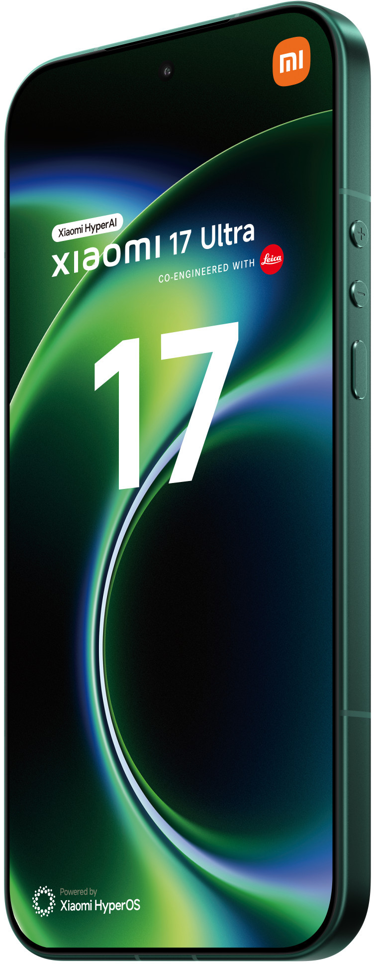 Zielony smartfon Xiaomi 17 Ultra z logo Leica i cyfrą 17.