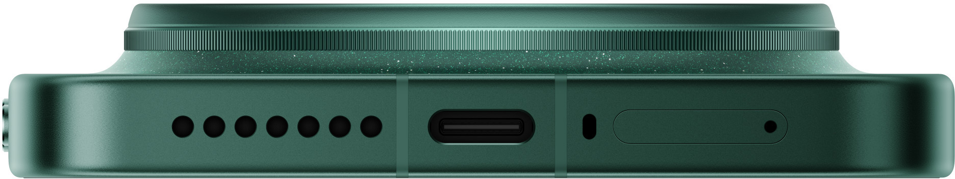 Zbliżenie zielonego smartfona z portem ładowania i kratkami głośników.