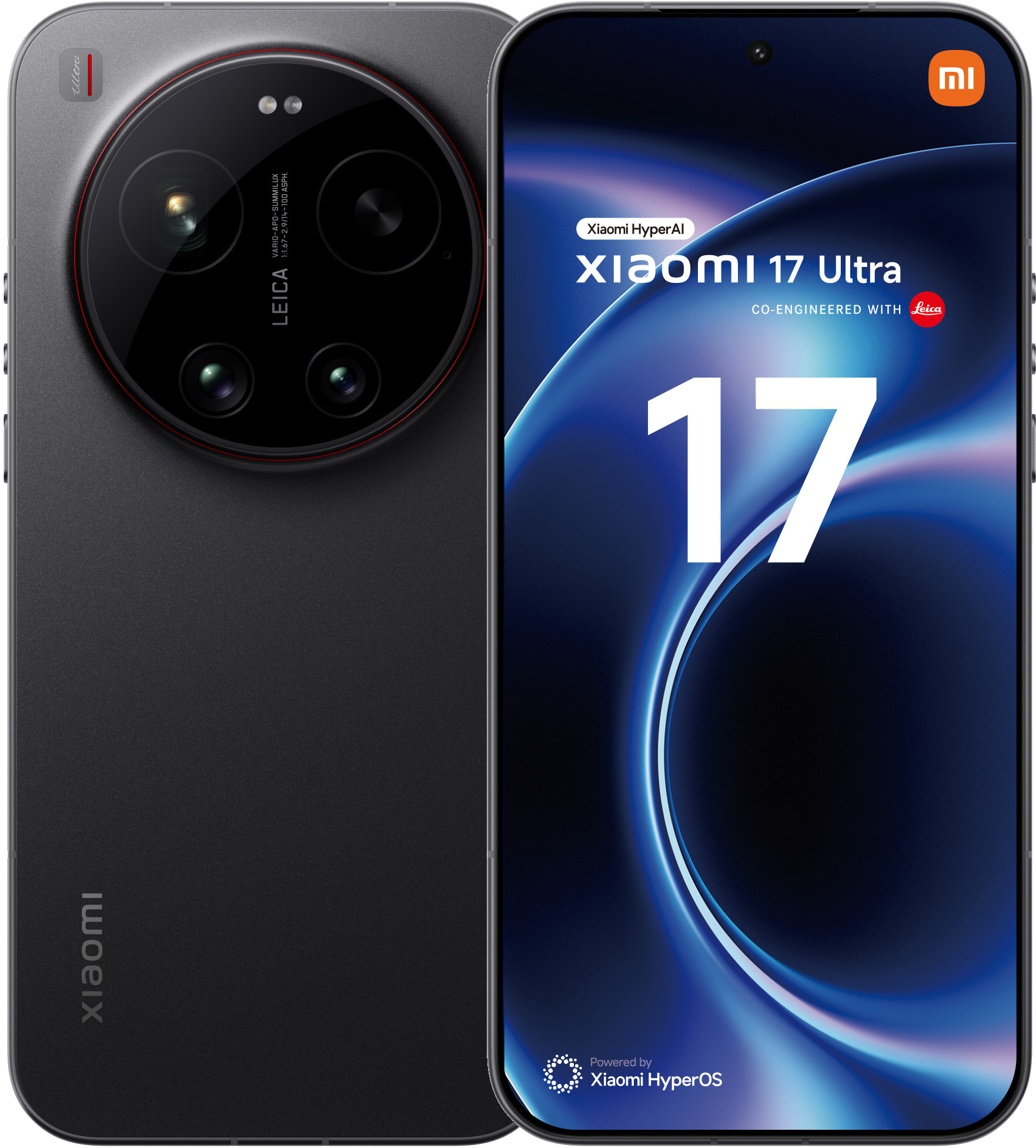 Czarny smartfon Xiaomi 17 Ultra z aparatem Leica i niebieskim tłem.
