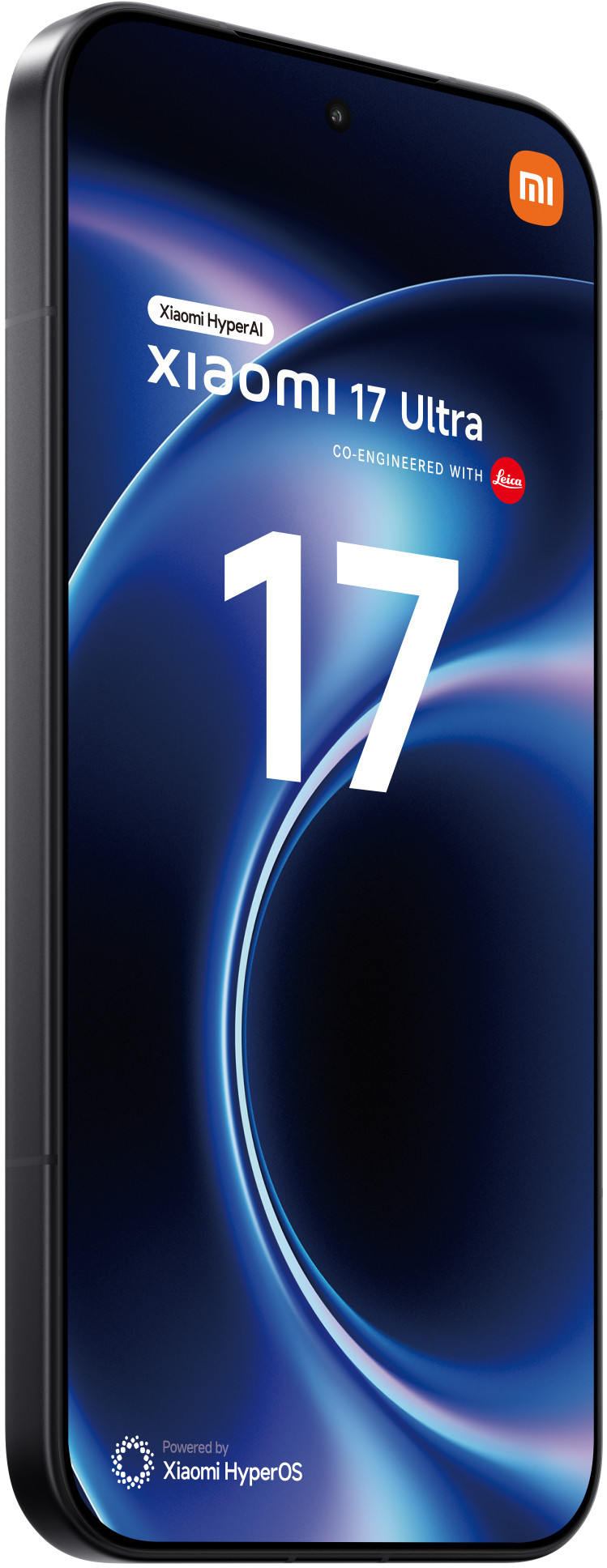 Czarny smartfon Xiaomi 17 Ultra z niebieskim tłem i cyfrą 17.