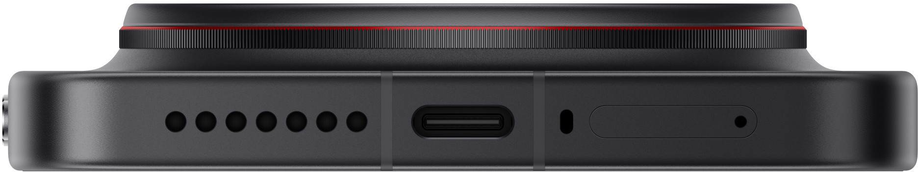 Zbliżenie spodu czarnego urządzenia z portem USB-C, mikrofonem i otworami.