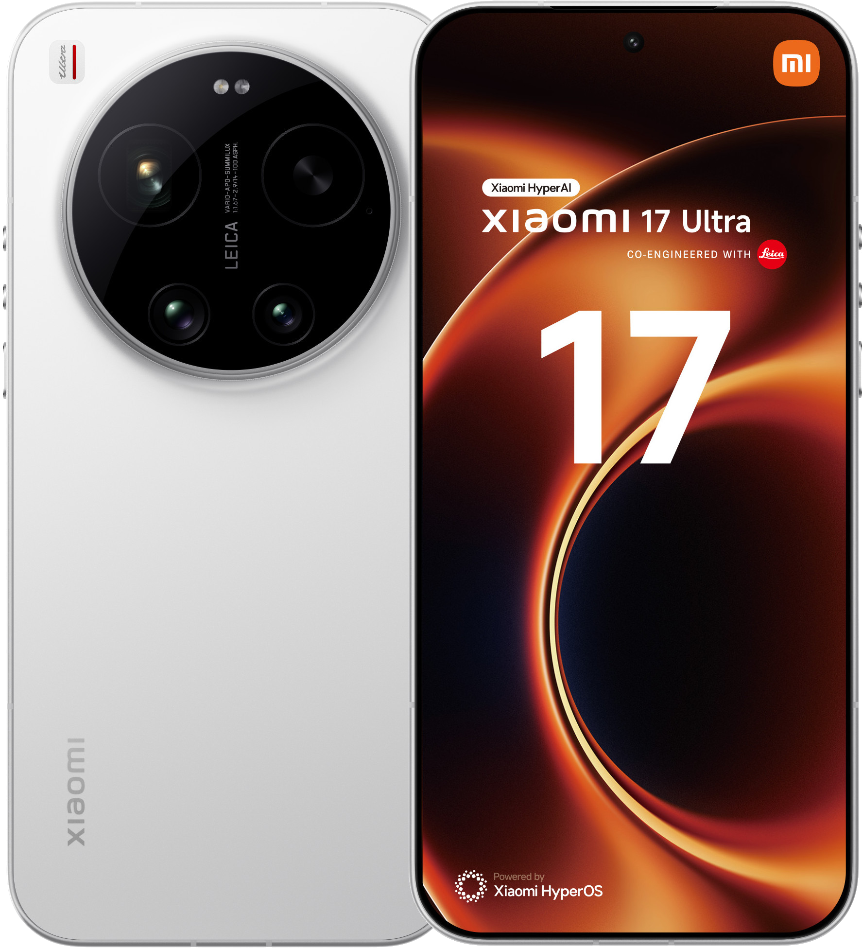Biały smartfon Xiaomi 17 Ultra z aparatem Leica na tle żywego, pomarańczowego tła.