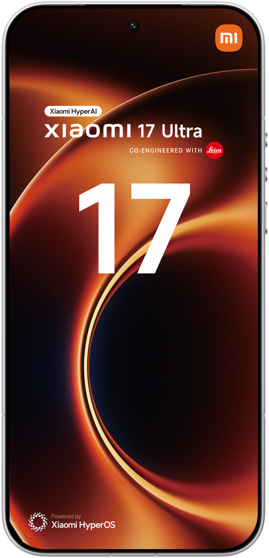 Xiaomi 17 Ultra z współpracą Leica, duży napis 17 i logo HyperOS.