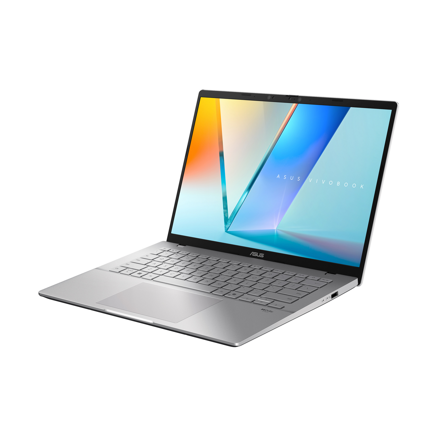 Un elegante portátil Asus Vivobook plateado con teclado retroiluminado sobre fondo blanco.