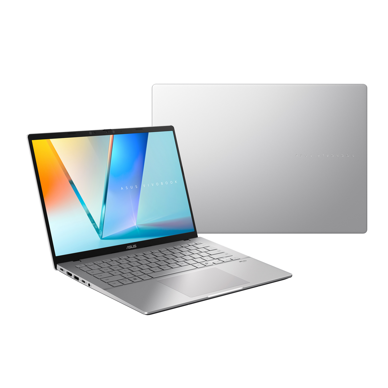Un elegante portátil Asus Vivobook plateado, abierto por un lado, mostrando un gráfico de fondo colorido.