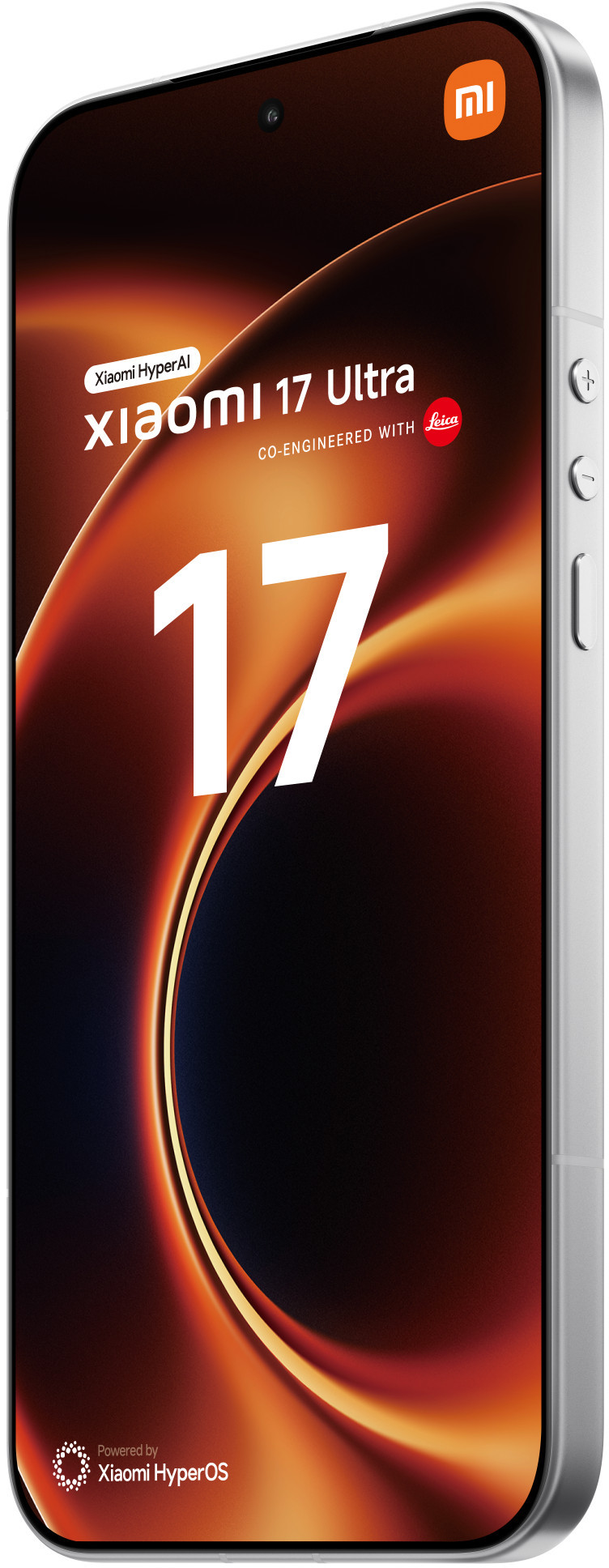 Srebrny smartfon Xiaomi 17 Ultra z pomarańczowym tłem.