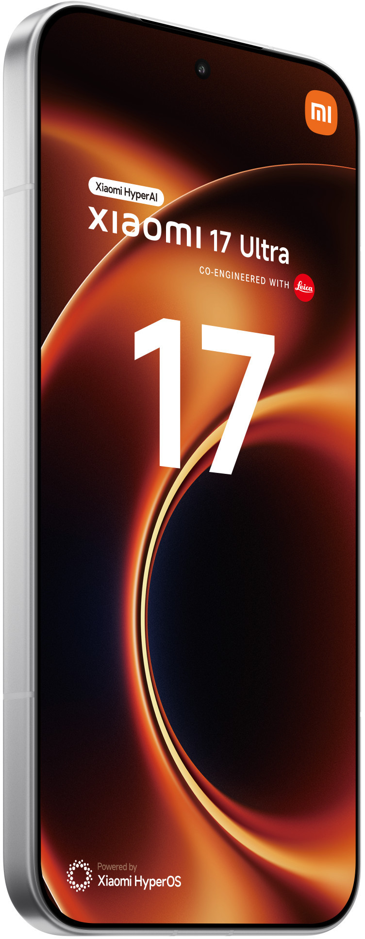 Xiaomi 17 Ultra z Xiaomi HyperOS, zasilany przez Leica. Abstrakcyjna grafika w kolorach pomarańczowym i czarnym.