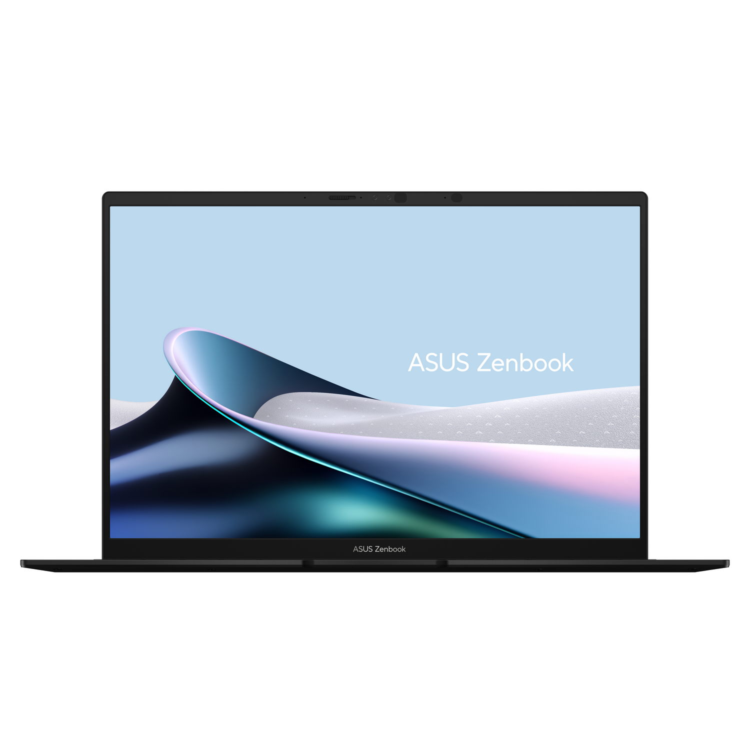 Un portátil ASUS Zenbook negro está abierto, mostrando una pantalla azul claro con un diseño abstracto ondulado.