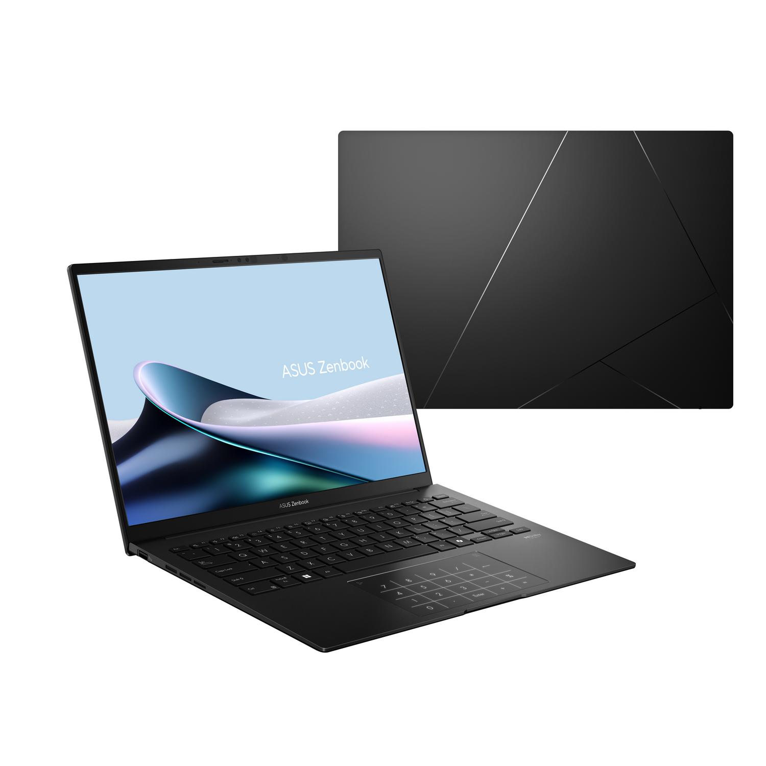 Portátil ASUS Zenbook negro con pantalla y teclado iluminados.