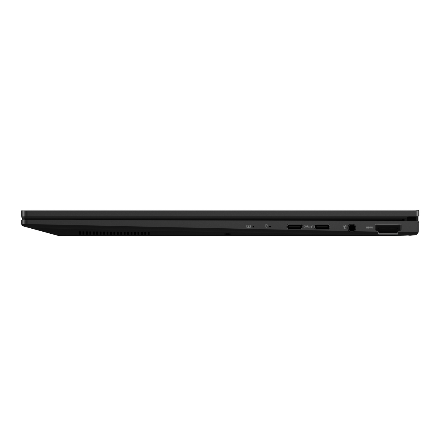 Vista lateral de portátil negro. Muestra puertos USB-C, HDMI y de audio.