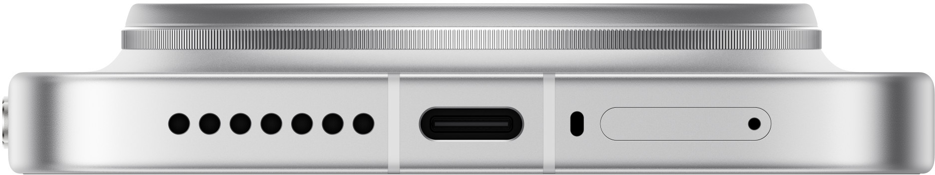 Srebrny detal smartfona z portem ładowania, głośnikami i mikrofonem.