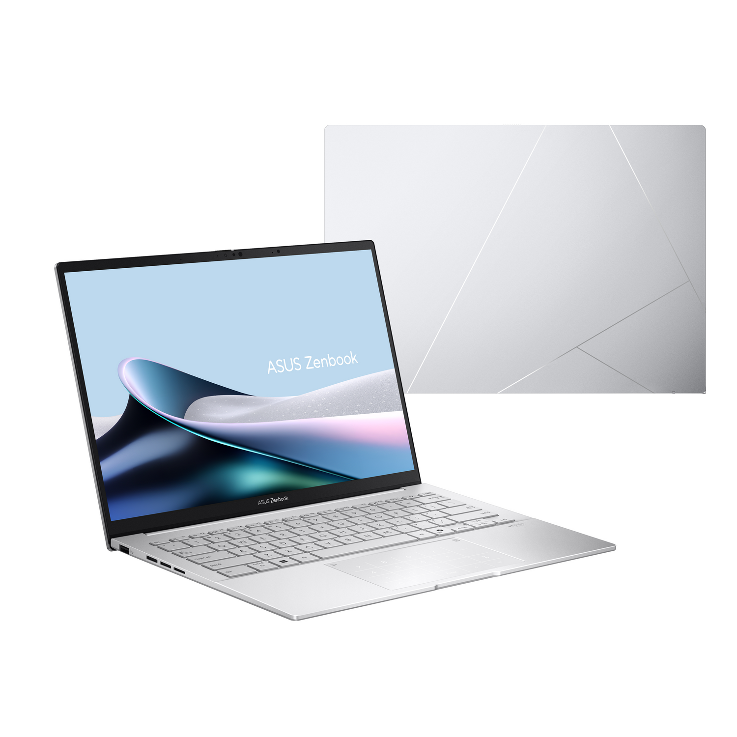 Un portátil Asus Zenbook plateado, abierto con un gráfico abstracto azul y rosa en la pantalla.