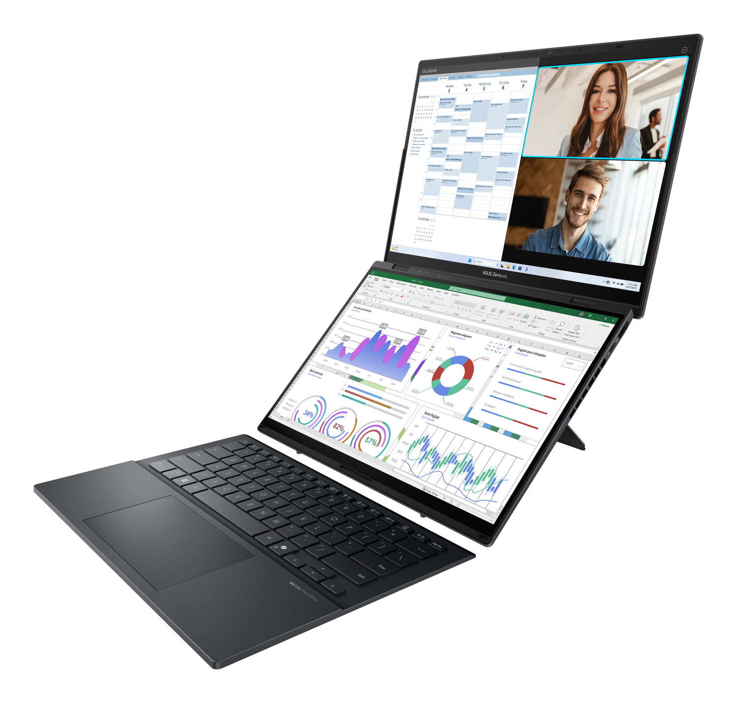 Un ASUS Zenbook abierto con dos pantallas mostrando hojas de cálculo y un calendario.