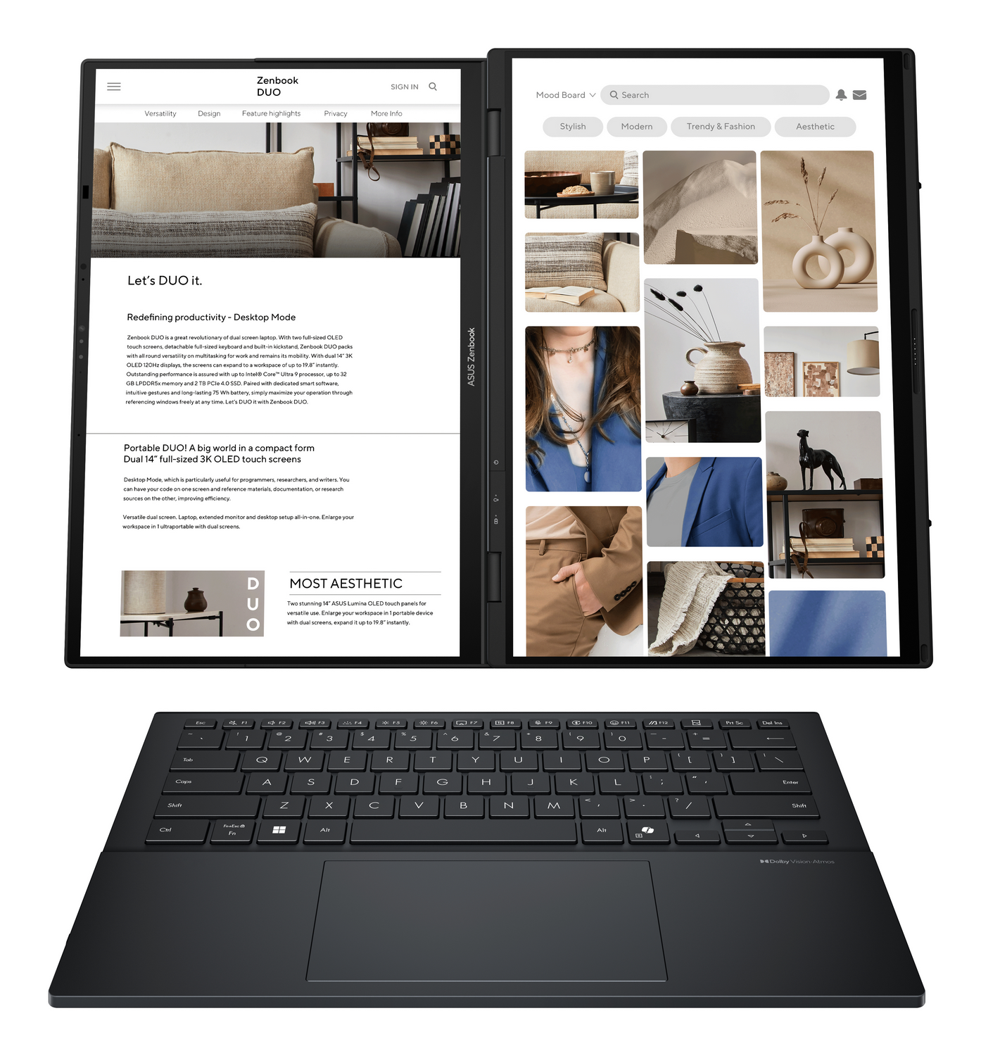 Un portátil ASUS Zenbook Duo con doble pantalla táctil OLED y teclado desmontable.