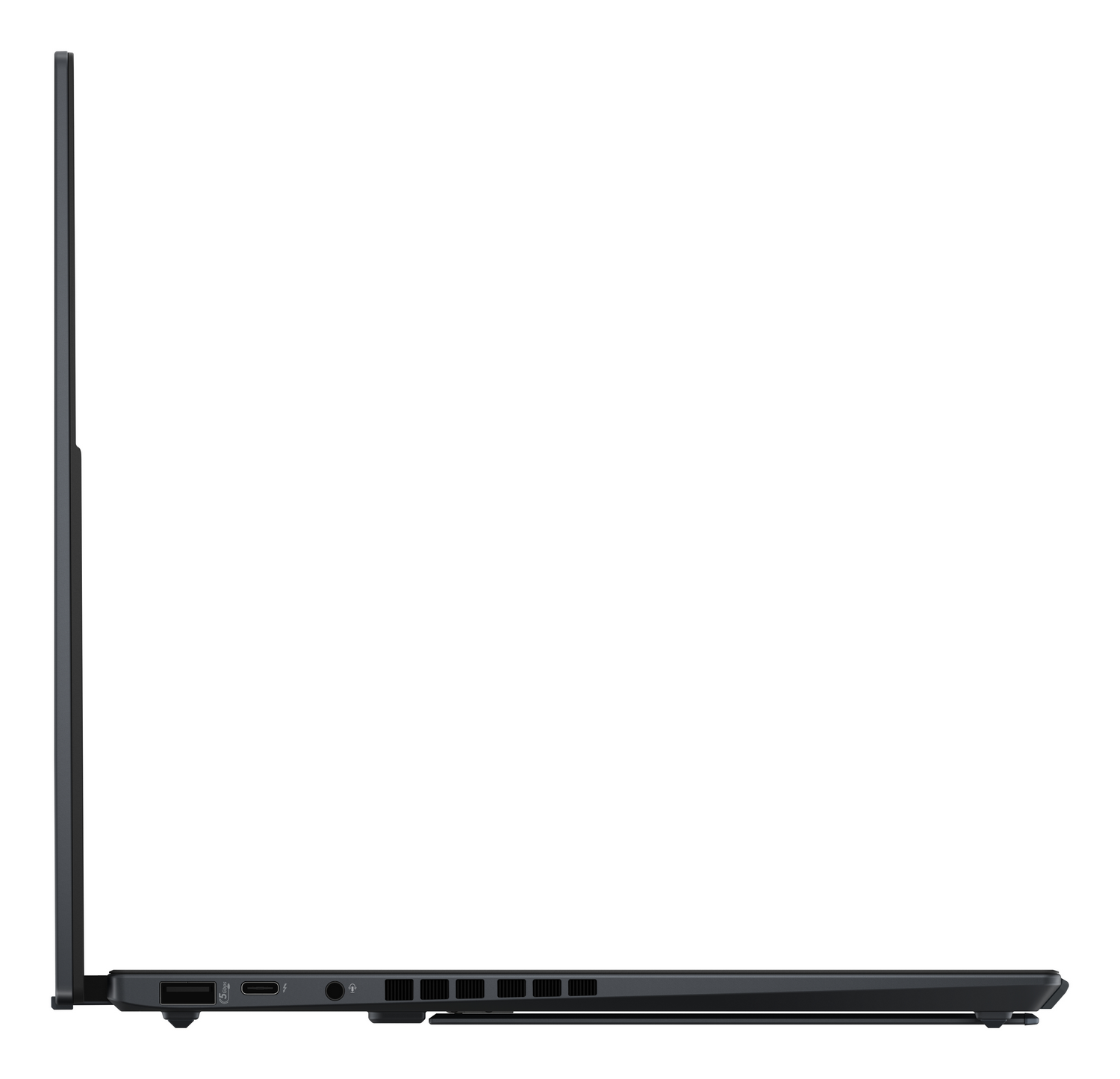 Vista lateral de un portátil negro mostrando puertos: USB-A, USB-C/Thunderbolt, conector de auriculares y rejillas.