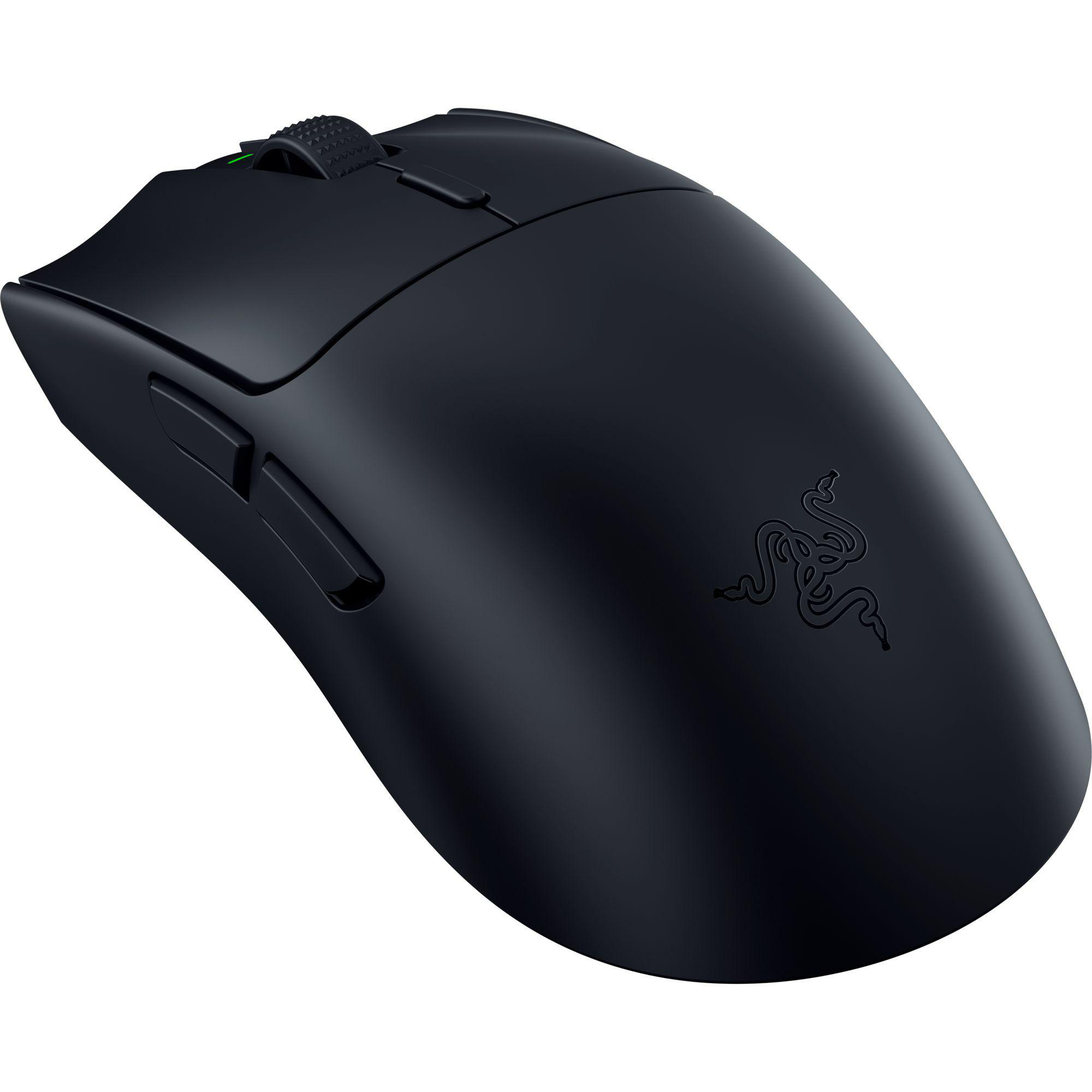 Fekete vezeték nélküli gamer egér Razer logóval, fehér háttér.