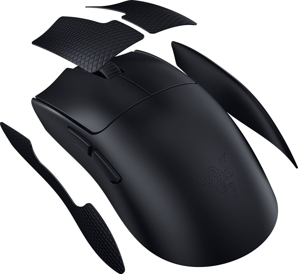 Fekete gamer egér különálló markolattal az oldalakhoz és görgetőkerékhez.